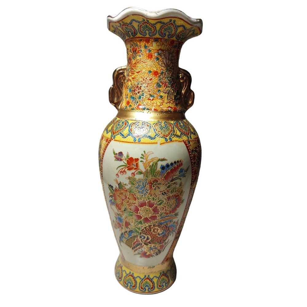 Vintage‎ Japanese Floral Porcelain Vase in Satsuma Style with Detailed Moriage